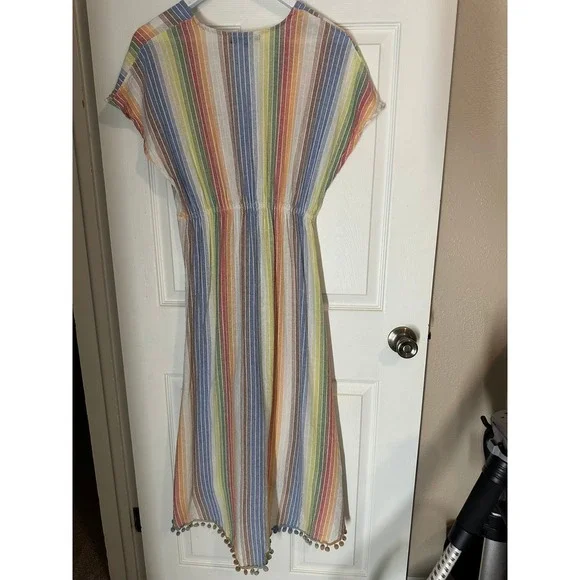 America & Beyond Striped Maxi Coverup Pom Pom Trim Boho Large - Picture 2 of 6